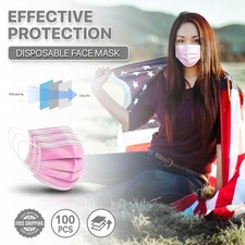 100 Pcs Disposable Face Masks 3-Ply Non Medical Surgical Earloop Cover Pink