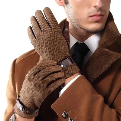 Herringbone Tweed Gloves for Men Touchscreen Winter Warm Lined Large Brown