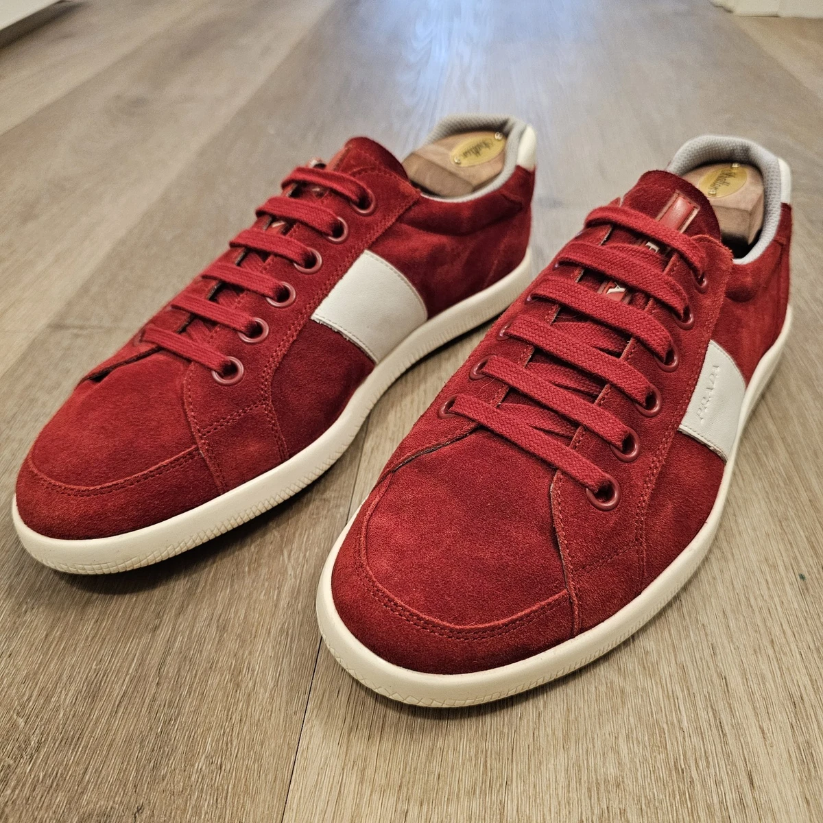 Mens Prada Italian Luxury Lace Up Sneakers Size 8 Red White $950 PRADA - *Line Rossa* White Sneakers With Logo Detail  main image 4