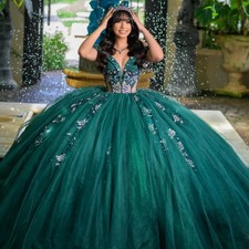 Deep Green Off Shoulder Quinceanera Dress with Lace Applique Beads Ball Gown
