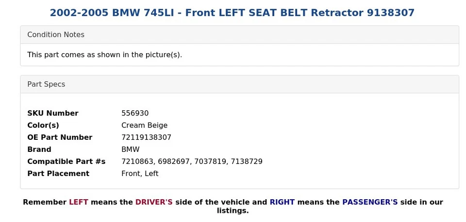 BMW 745LI 2002-2005 - Cinturón de seguridad delantero izquierdo retractor 9138307 Foto 3 de 4