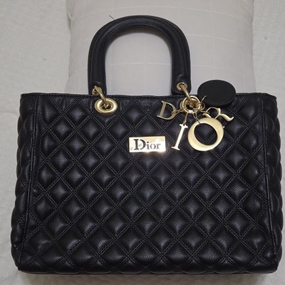 Dior Large Black Quilted Top Handle Tote Bag w/ Charm, Gold Hardware
