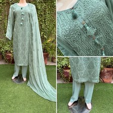 Pakistani Sage Green 3 Pcs Fancy Chiffon Dress with thread embroidery ,L