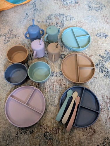 Mushie Silicone Toddler Plates, Bowls w/Suction Cups, Cups and Spoons