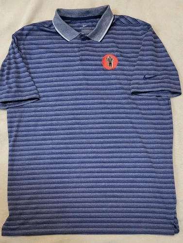 NIKE DRI FIT VINTAGE FUELMAN ROBOT PATCH MENS BLUE STRIPED POLO SIZE LARGE - EUC