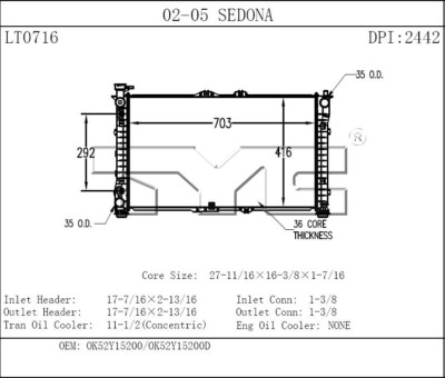 2442 New Radiator For Kia Sedona 2002-2005 3.5 V6 Lifetime Warranty