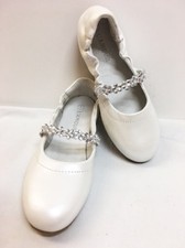 New GIRLS White Leather Dressy Ballet Flower Jeweled Strap Flat Childrens SHOES