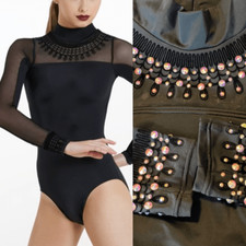 Weissman Elite dance costume black Flocked Mock Neck Leotard MT11221 LC