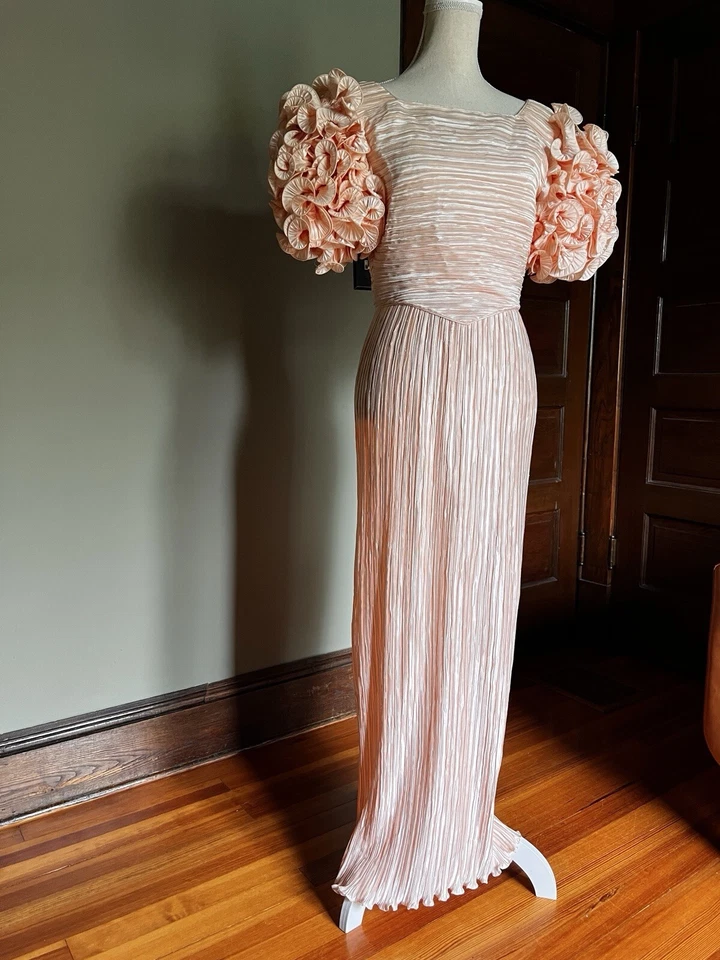 Lillie Rubin Vintage Puff Poof Sleeve Accordianed Dress Apricot Peach Sz 8 - Image 2 of 4