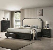 Traditional 5Pc King Size Storage Bed Set Gray Finish Solid Wood Furniture