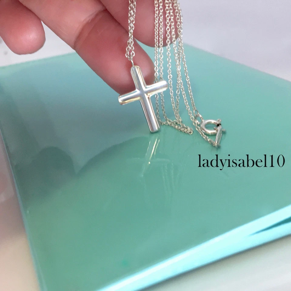 正品 Tiffany Co 16 Concave Sm Cross Charm Love 项链 银色 带袋 G2U — 第 3/4 张图片