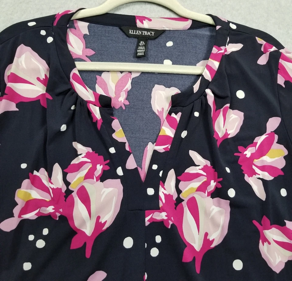 Blusa elástica Ellen Tracy Top para mujer grande L floral manga corta cuello dividido Foto 2 de 4