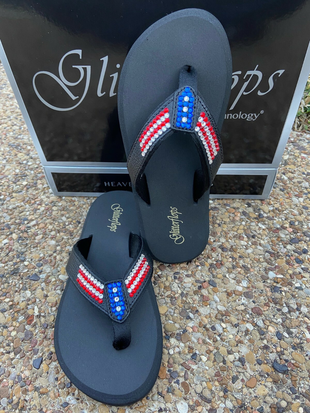 NEW Ladies USA Glitterflops Black Leather Red Blue Crystals Orthopedic
