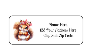 30 Cute Floral Squirrel PERSONALIZED RETURN ADDRESS LABELS 1 in X 2 5/8 GLOSSY
