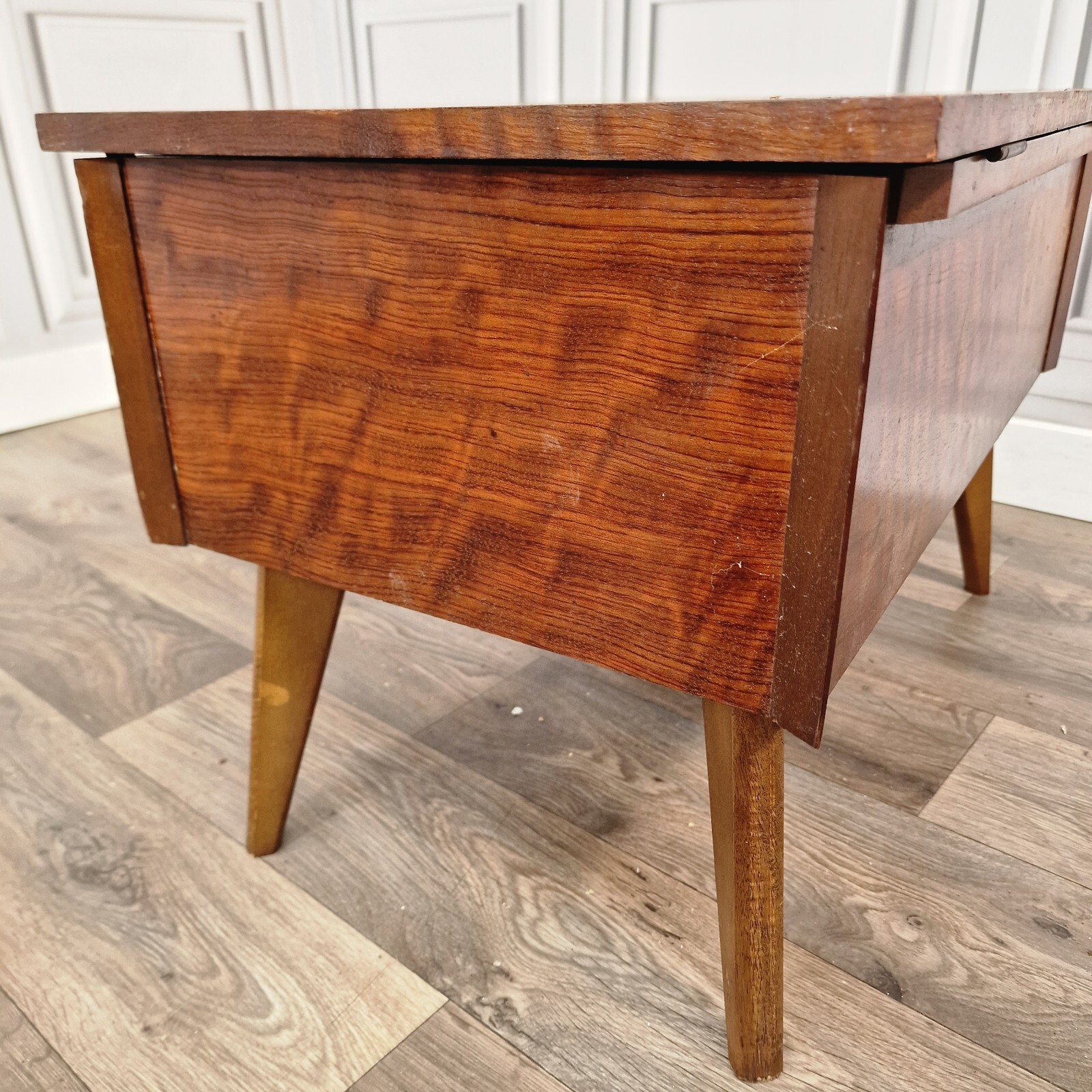 Vintage Wood Sewing Box On Legs Side Table Stool Lift Up Storage