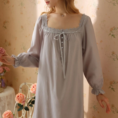 Women's Cotton Nightgown Princess Square Neck Long Sleeve Sleep Dress - Picture 11 of 53
