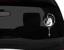 Silver Catholic Rosary Beads Mother Mary Baby Jesus Vinyl Car Decal Sticker 7" H