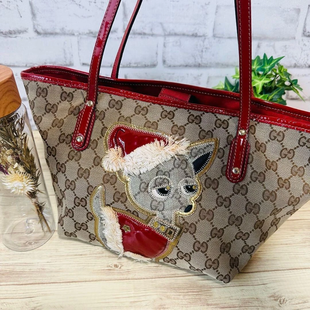 GUCCI Guccioli Dog Chihuahua Santa GG Canvas Tote Bag 212376 002122