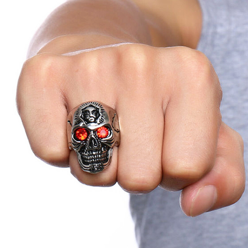 20pcs Ruby Red Eyes Titan Skull Ring Men Biker Punk Style