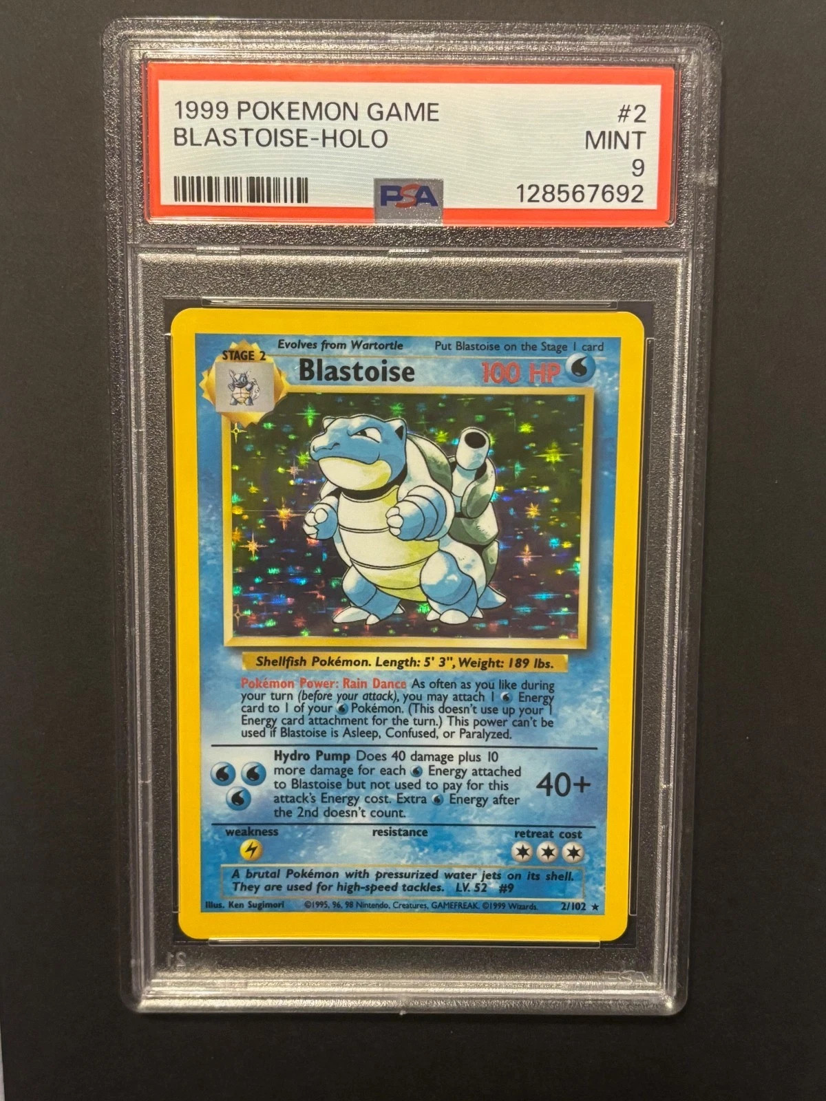 Pokemon 1999 Blastoise 002/102 Base Set Unlimited Holo, Graded PSA 9