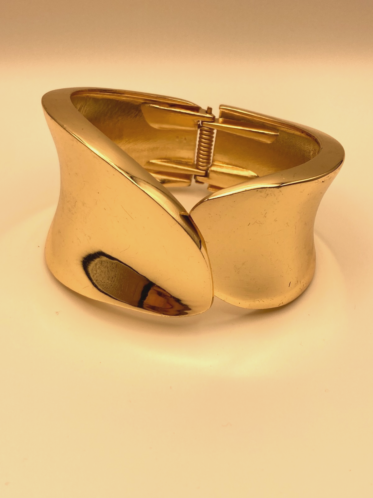 Gold Tone Wide Hinged Cuff Bracelet Sculptural Overlap Statement Avant Garde