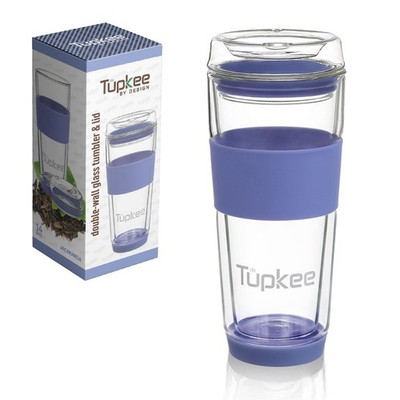 Tupkee Double Wall Glass Tumbler, 14-Ounce All Glass Travel Mug & Lid, Jacaranda