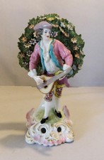 Antique Chelsea/Derby Style Porcelain Figure: Man with Lute, Bocage:18.5 cm high