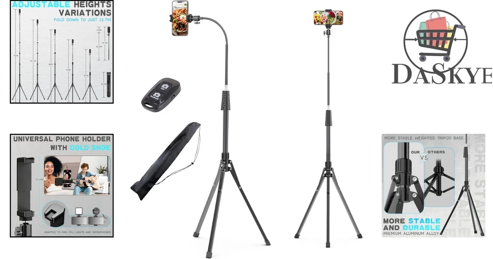 92” Adjustable Tripod Stand with Flexible 16.5” Gooseneck & Remote for Phones - Image 2 of 4