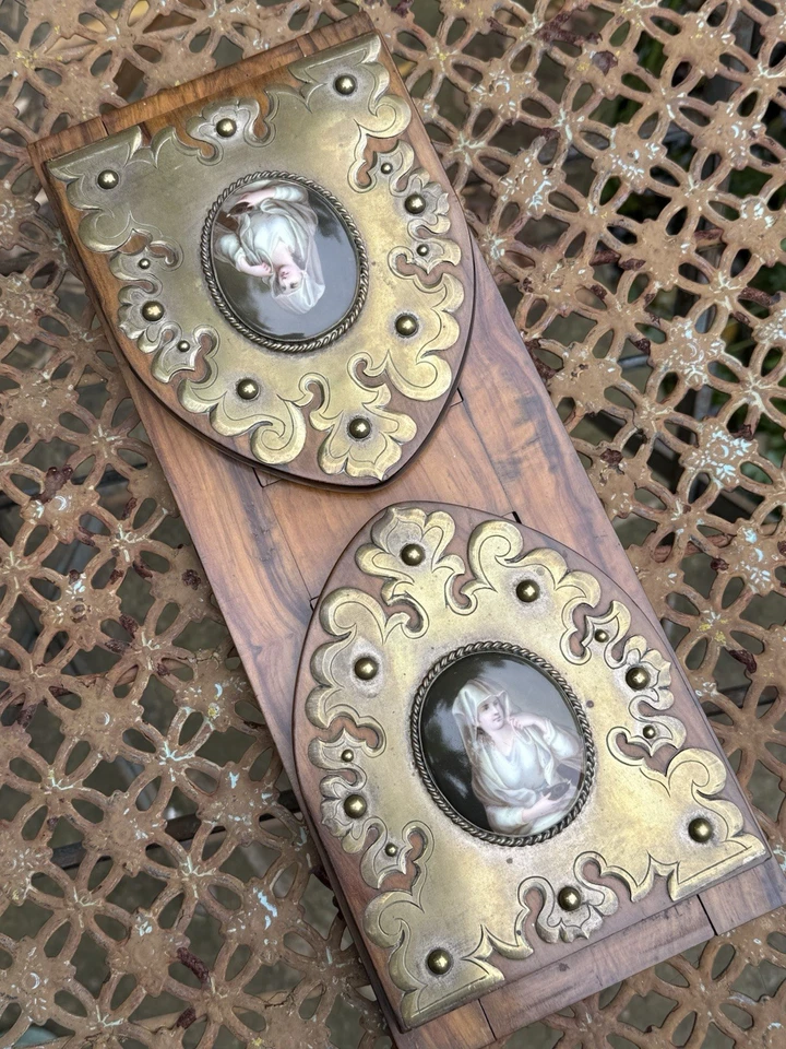 Antique Extending Olive Wood Brass KPM Style Porcelain Regency Book Slide C1830 - Image 3 of 4