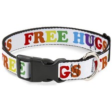 Plastic Clip Collar - FREE HUGS White/Multi Color - 1.5" Wide - Fits 16-23" N...