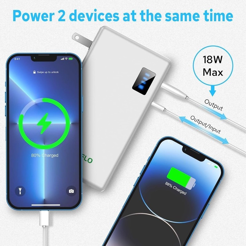 10000mAh Portable Power Bank USB/USB-C Fast Charger with AC Plug Battery Bank