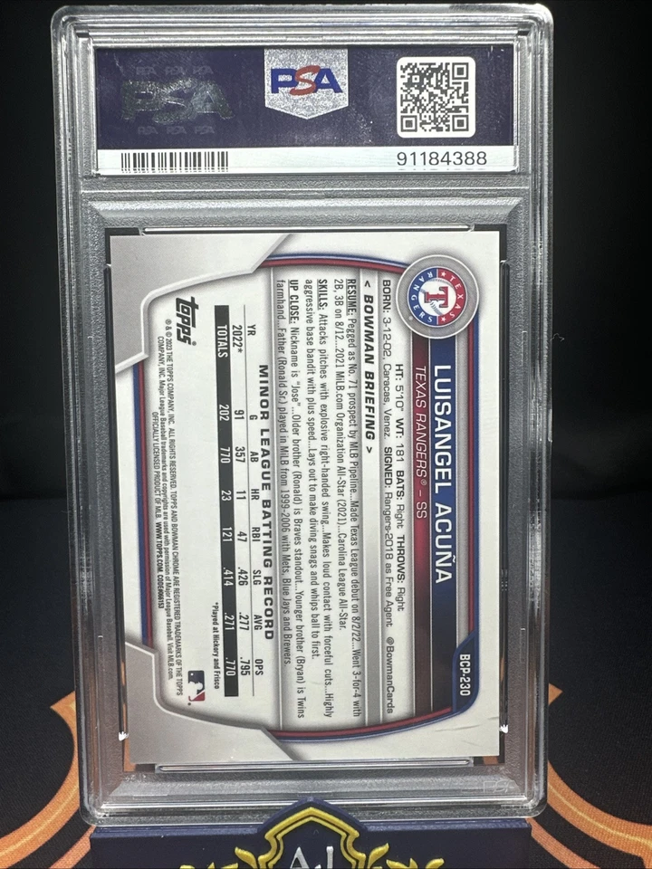 2023 Luisangel Acuna Bowman Chrome Sapphire Yellow /50 #230 PSA 10 - Image 4 of 4