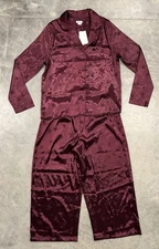 NWT Splendid 2 Piece Pajama Set Burgundy Womens Large Satin All Over Star Print
