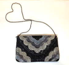 Vtg MAGID Handmade All Beaded Envelope Crossbody Shoulder Bag Purse Black Silver