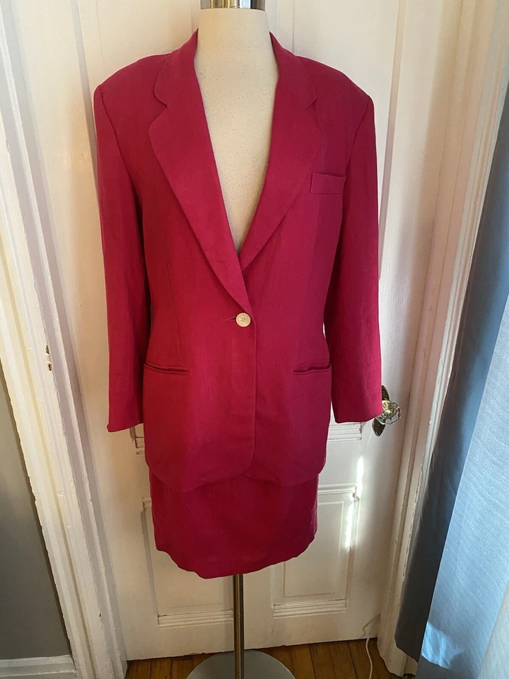 GEORGES MARCIANO VINTAGE ROJO 100% LINO FALDA TRAJE-CHAQUETA TALLA 6-FALDA TALLA 8-NUEVO SIN ETIQUETAS Foto 2 de 4