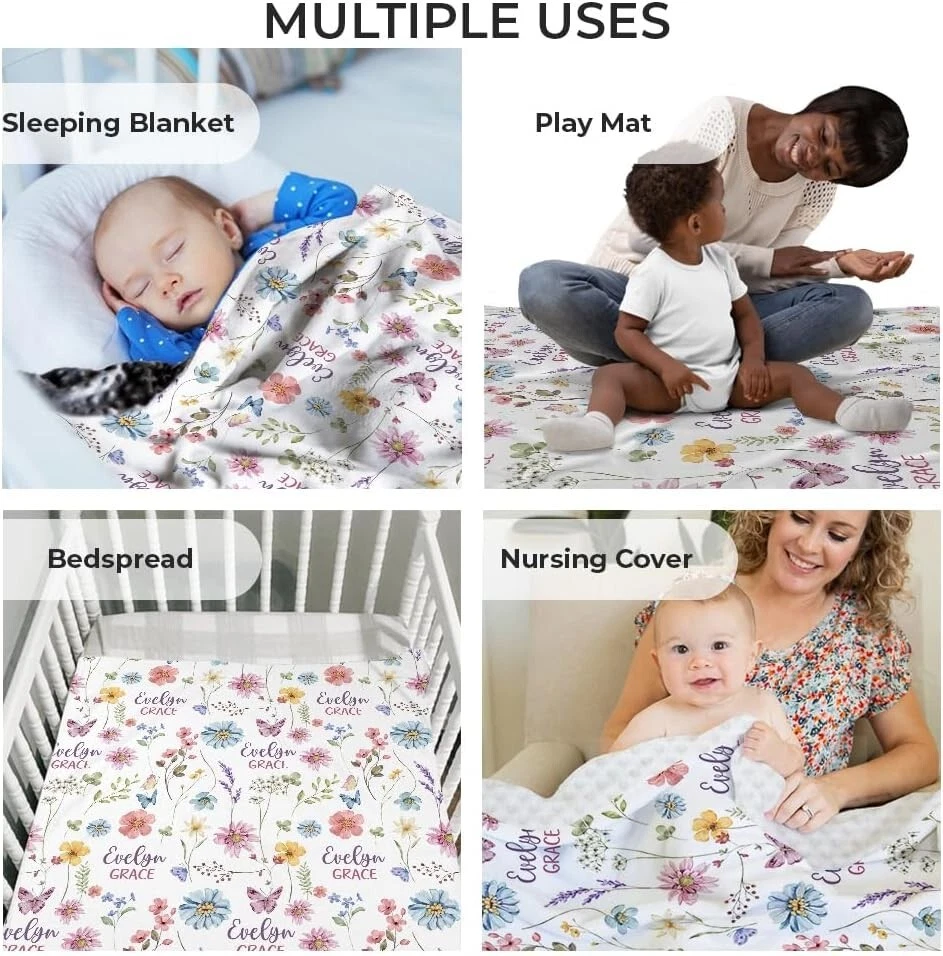 Mantas de bebé florales personalizadas con respaldo punteado de doble capa para niñas versión 2 Foto 3 de 3