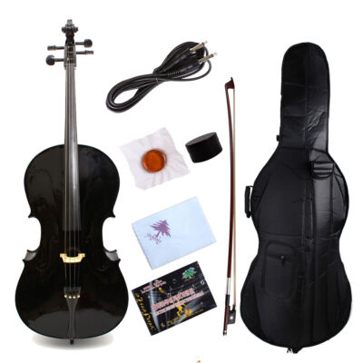 Black Electric Acoustic Cello 4/4 full size Solid Maple Spruce with Ebony parts