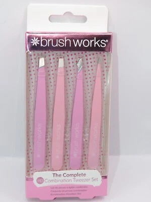 BRUSHWORKS BRUSH WORKS THE COMPLETE 4 PIECE STAINLESS STEEL COMBINATION TWEEZER SET - PINKS
