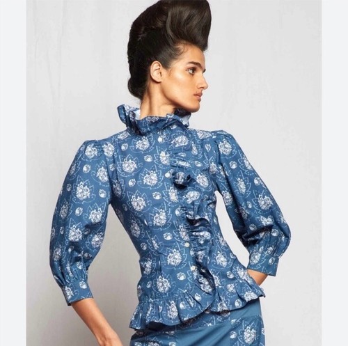 BATHSHEVA Nora Ruffled Floral Button Up Top Womens Size 18 Blue Poplin