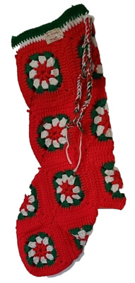Vintage Crochet Granny Square Christmas Holiday Stocking White Red Green 24''