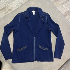 Chico  s Doubleknit Navy Zip Front Cardigan Blazer Gold Blue Sparkle Roping Sz 1