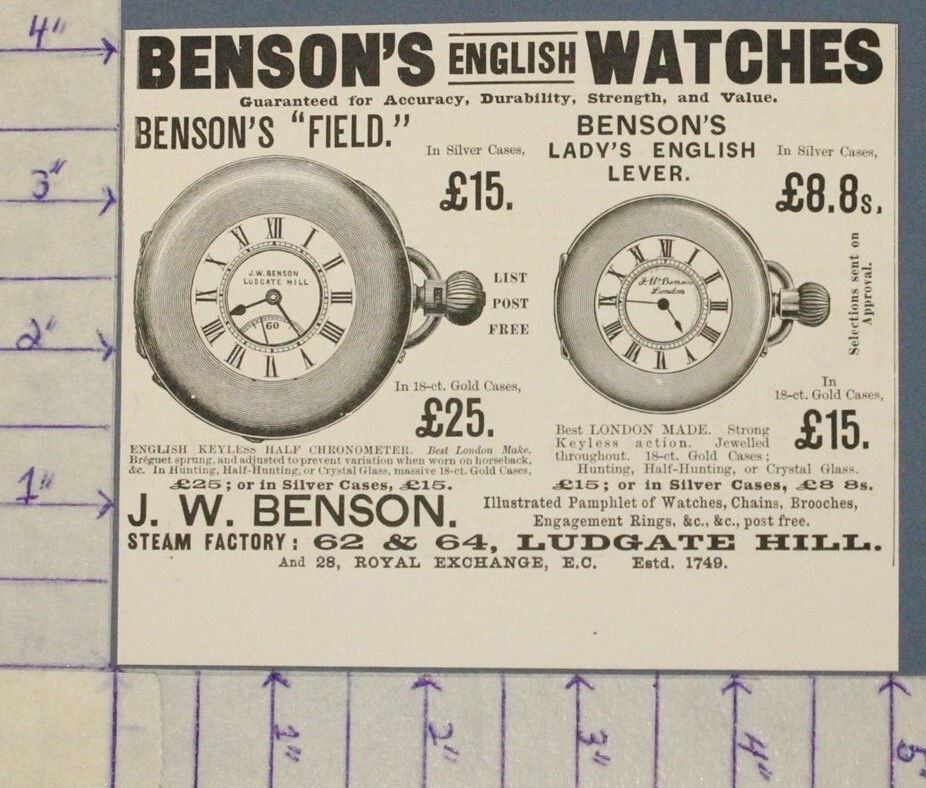 1896 BENSONS WATCH LUDGATE HILL POCKET WATCH JEWELRY DECOR HISTORIC AD