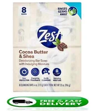 Zest Cocoa Butter & Shea Bar Soap, 4 oz Bars, 8-Pack – Moisturizing Soap for All