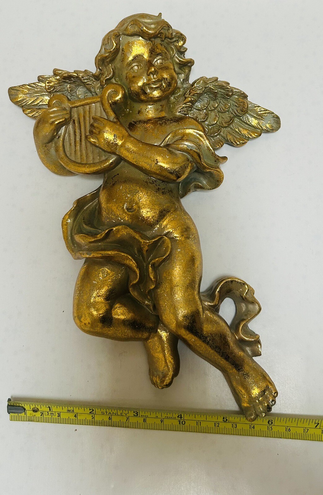 Cherub Golden Angel Harp Wall Plaque Hanging Decor Resin