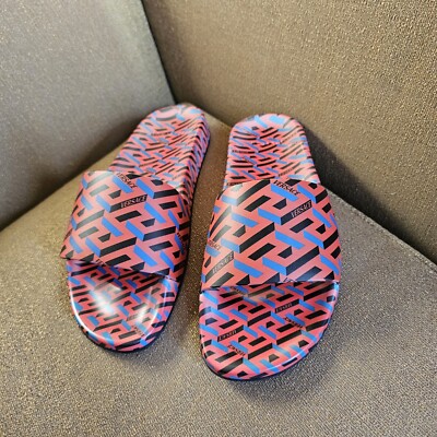 Versace Logo Flat Pool Sandals Orange Royal Blue Size 40