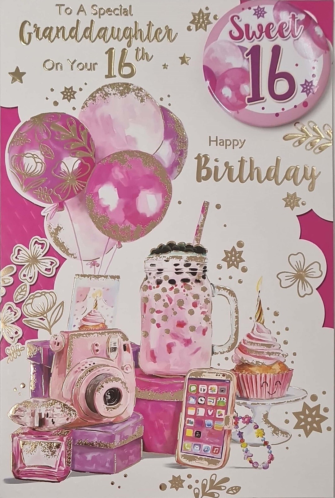Happy 16th Birthday Card for a Special Granddaughter With Sweet 16 Badge Phone