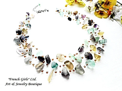 Raw Rainbow Fluorite Necklace Gemstone Floating Boho Air Multistrand Statement 