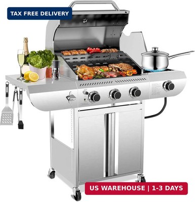 34,000 BTU 3-Burner Propane Gas Grill with Side Burner, All Stainless Steel BBQ