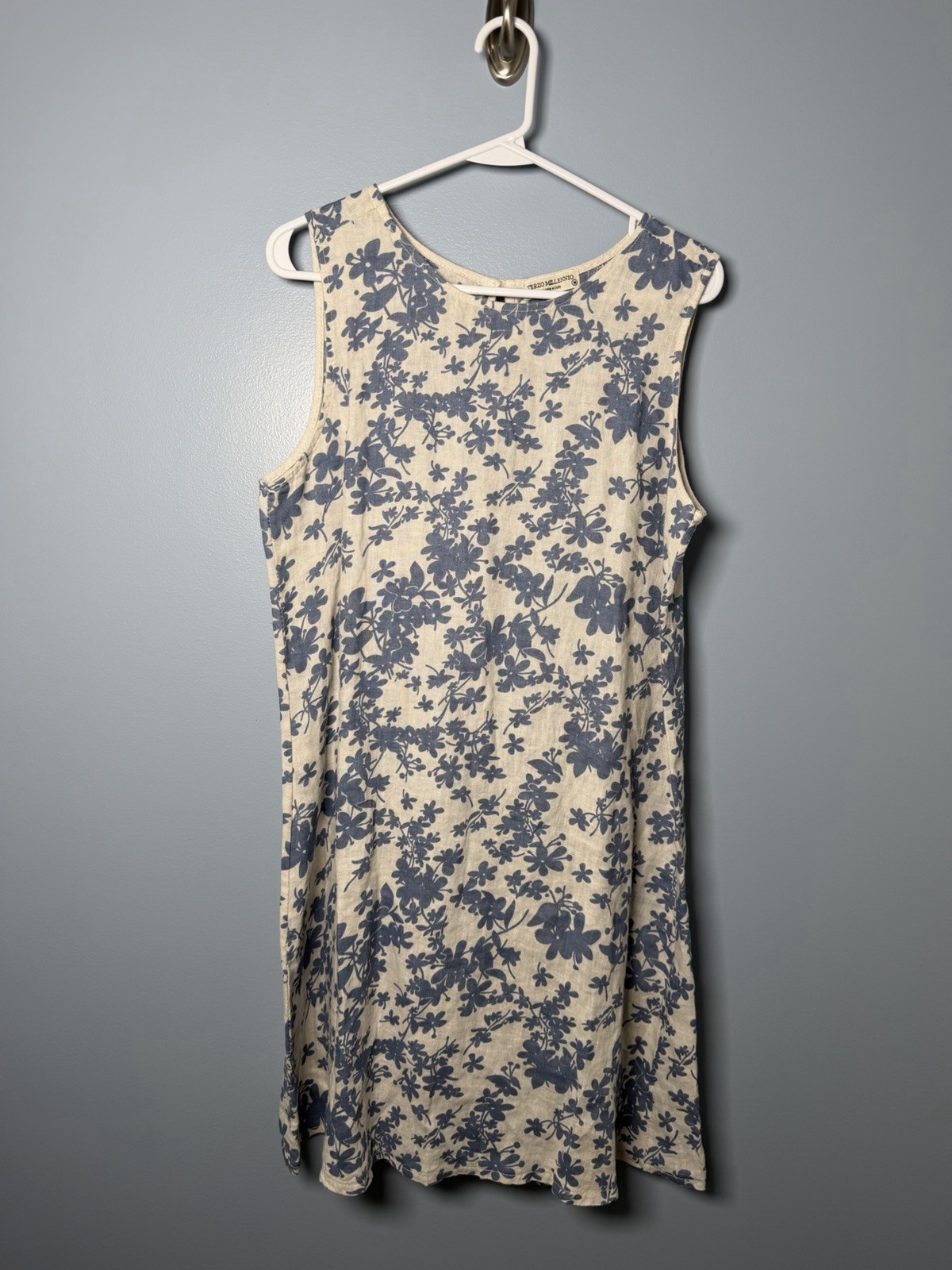 Terzo Millennio Blue and Ivory Linen Dress Size Medium Made In Italy EUC