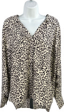 Sanctuary Women  s White/Brown Animal Print V-Neck Long Sleeve Blouse - L